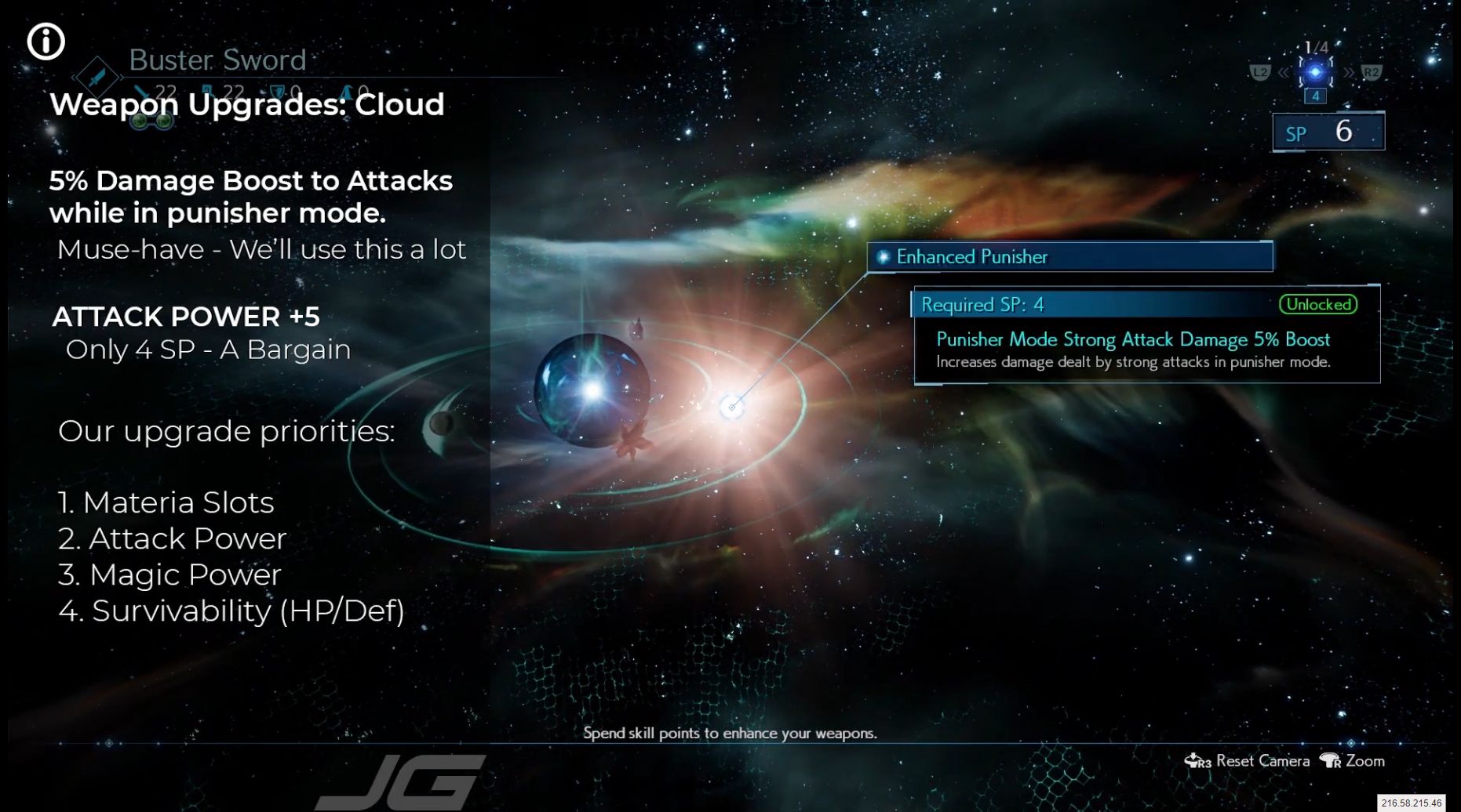 5% Boost to all our attacks while in punisher mode is a must! We'll be using those attacks a lot - +5 Attack Power for only 4 SP is great too - Priorities for Cloud are in that order - 1 Materia slots - 2 Physical damage - 3 Magical damage - 4 Survivability