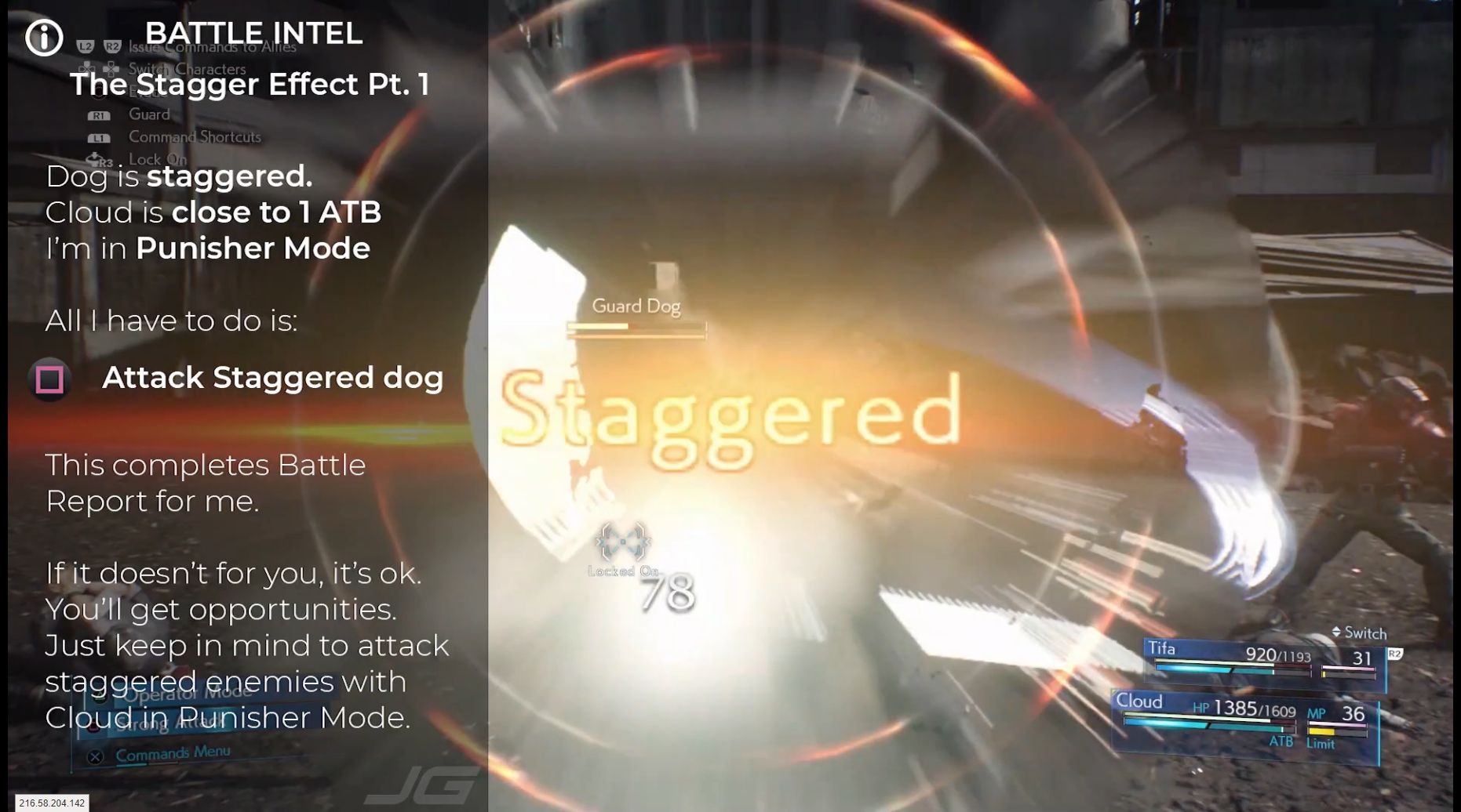 FF7 Remake - I'm close to filling up an ATB bar with Cloud, enemy is staggered - all I have to do is (Square) attack in Punisher Mode - This completes Battle Report for me - If it doesn't for you - dont worry you'll get more opportunities but keep that in mind