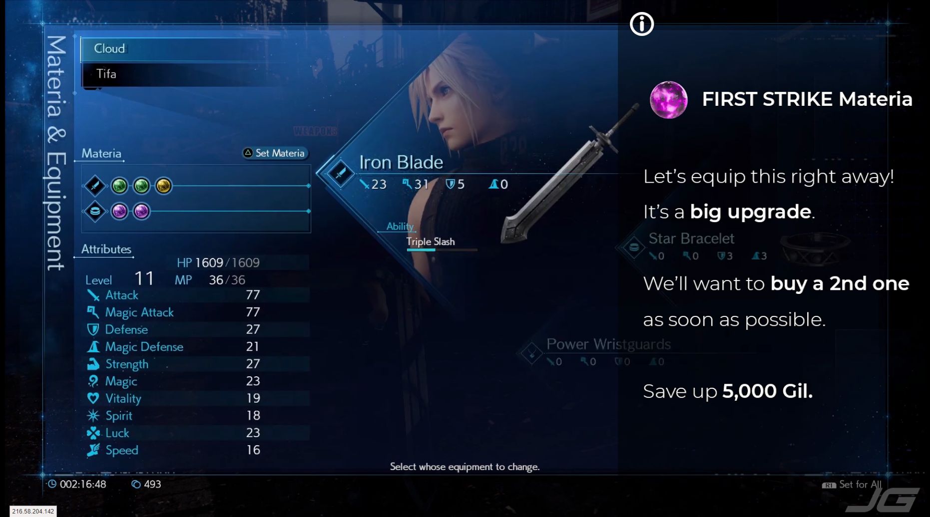 FF7 Remake - Lets equip First Strike Materia right away - Its a big upgrade - Well want a 2nd one as soon as possible,so save up 5000 Gil