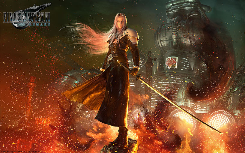 FF7 Remake Sephiroth standing over burning Midgar